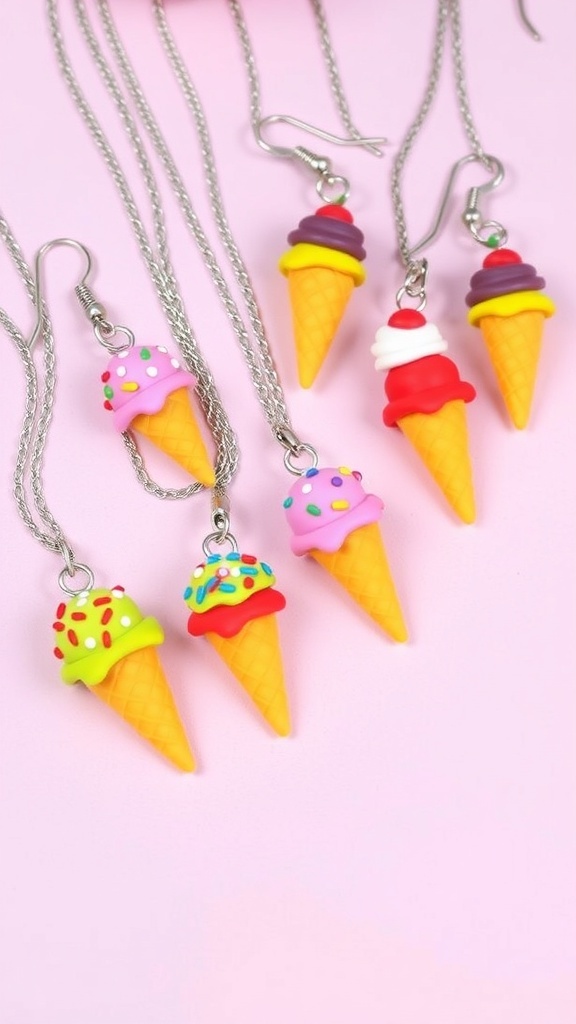 Colorful ice cream cone jewelry including earrings and necklaces made from polymer clay.